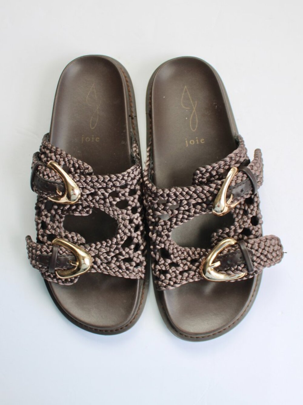 Joie Leather Braided Double Gold Buckle Slip-On Waffle Sandals in Brown Size 6.5